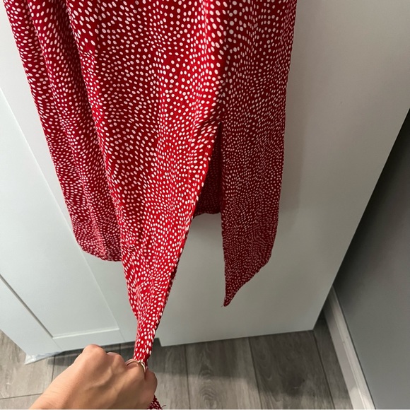 Row A Red Polka Dot Slit Midi Slip Sun Dress Small Knee Length Spaghetti Strap - Picture 12 of 14